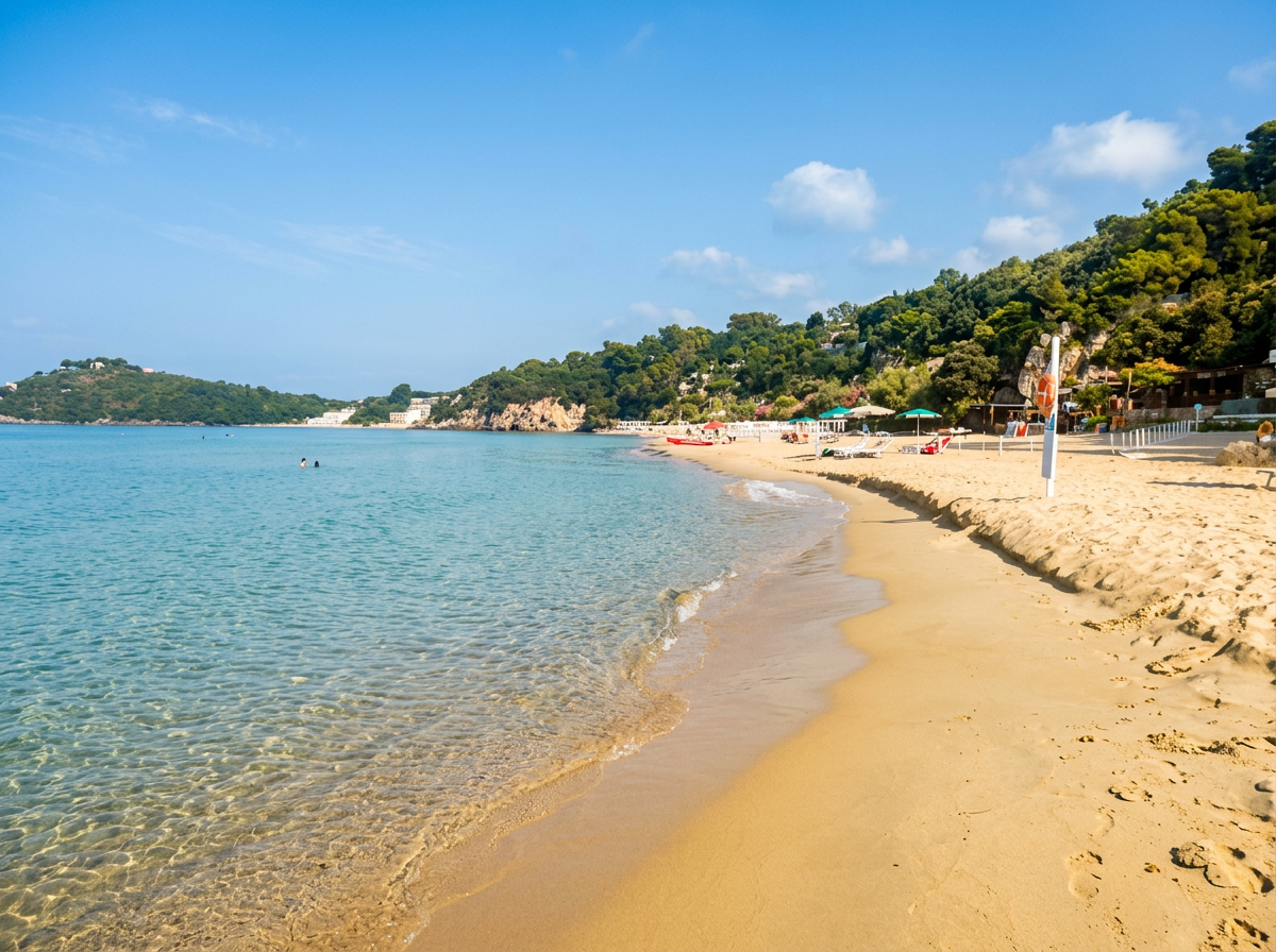 Spiaggia dell’Arenauta near Gaeta with golden sand, calm clear water and green Mediterranean hills along the Lazio coast