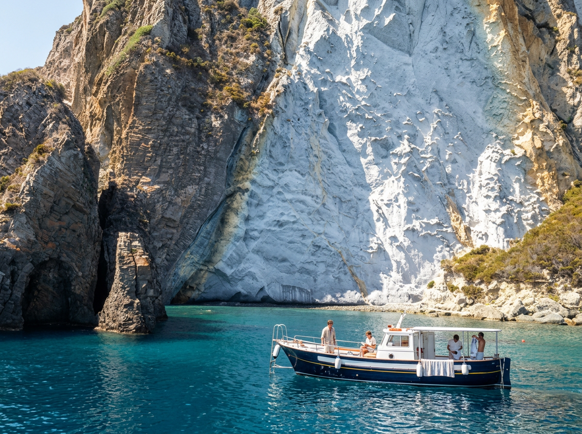 Cala del Core on Ponza with steep volcanic cliffs, clear turquoise water and a secluded rocky cove in Lazio, Italy