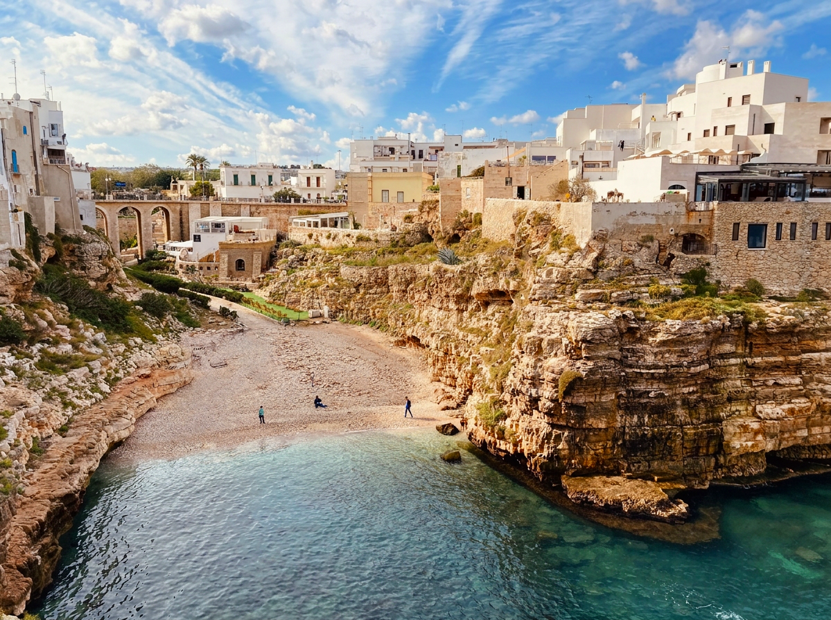 Lama Monachile beach in Polignano a Mare, Puglia, surrounded by limestone cliffs, whitewashed buildings and a historic stone bridge.