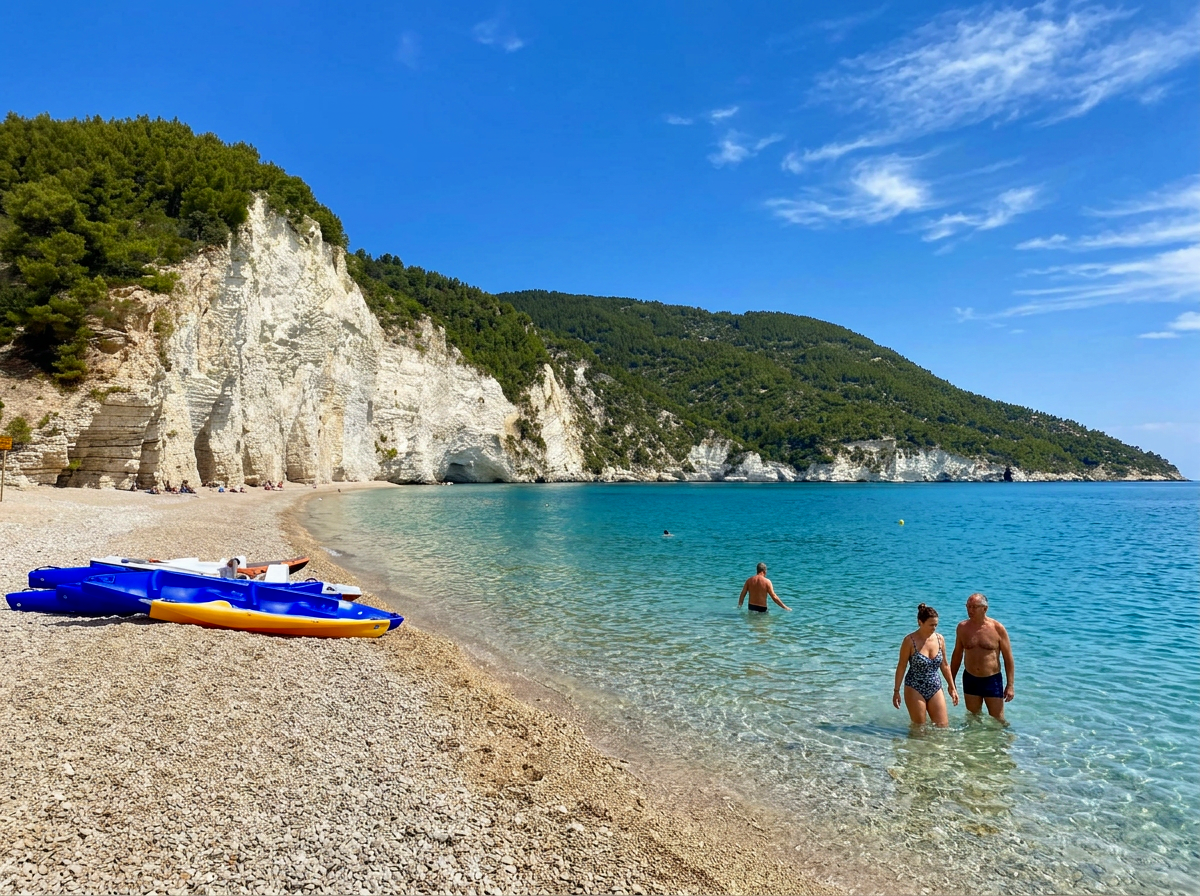 Vignanotica beach beneath towering white limestone cliffs in Gargano, Puglia
