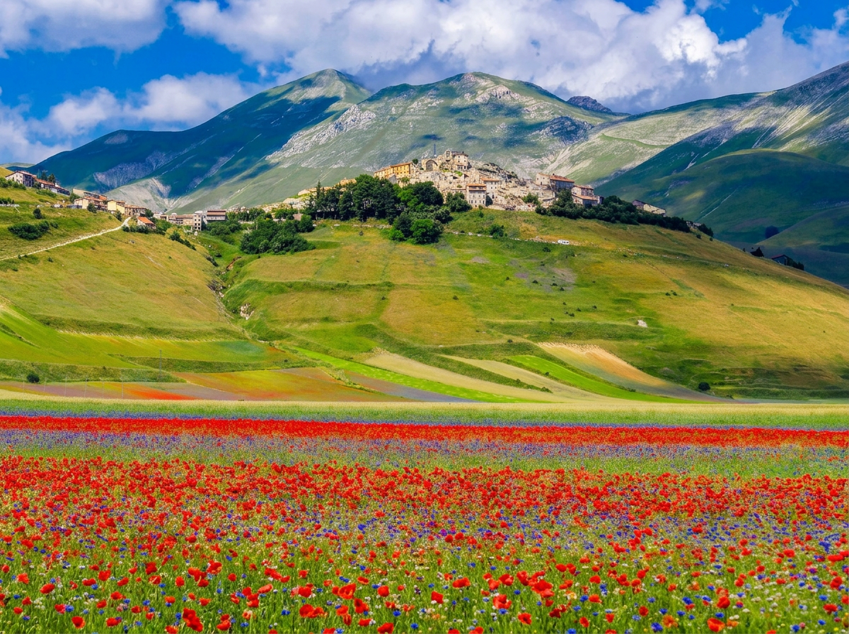 Flowering fields below Castelluccio di Norcia and the mountains of Umbria.
