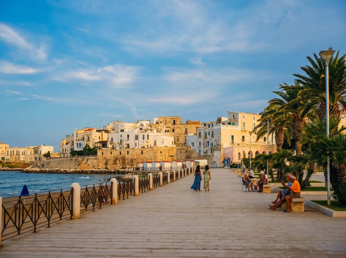 The seafront promenade and historic buildings of Vieste, Puglia.