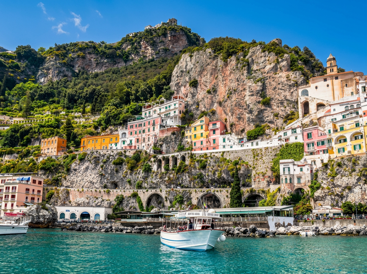 Colourful cliffside buildings in Amalfi above the turquoise Mediterranean Sea, with boats along the Amalfi Coast in Campania