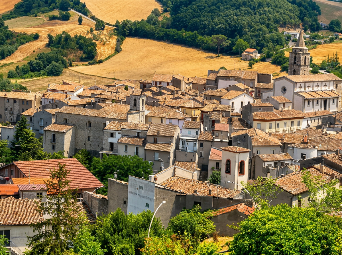 Riccia rooftops surrounded by the fields and trees of Molise.