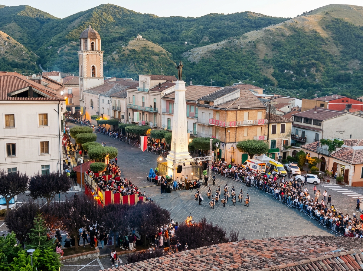 Teggiano town square during a festival, with a monument and historic buildings.