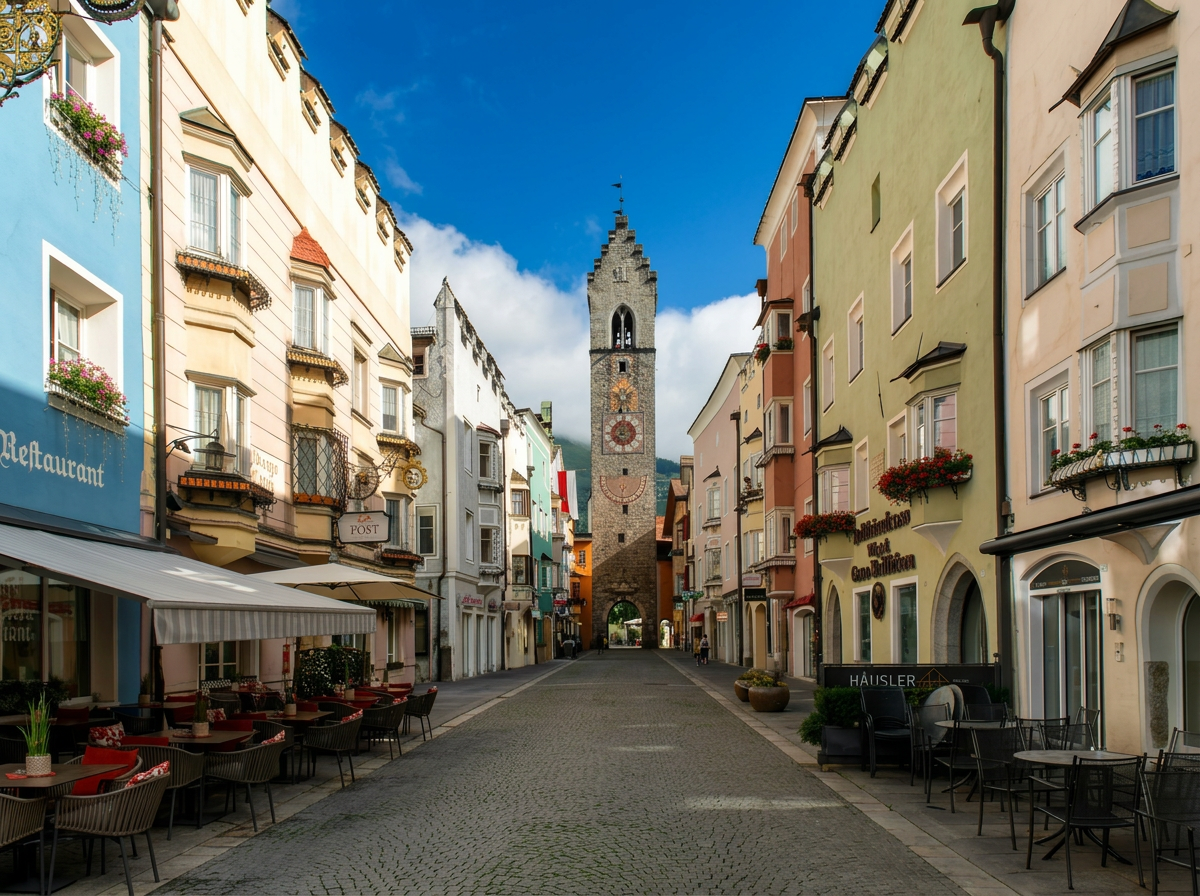 The clock tower and colourful historic streets of Vipiteno, South Tyrol.