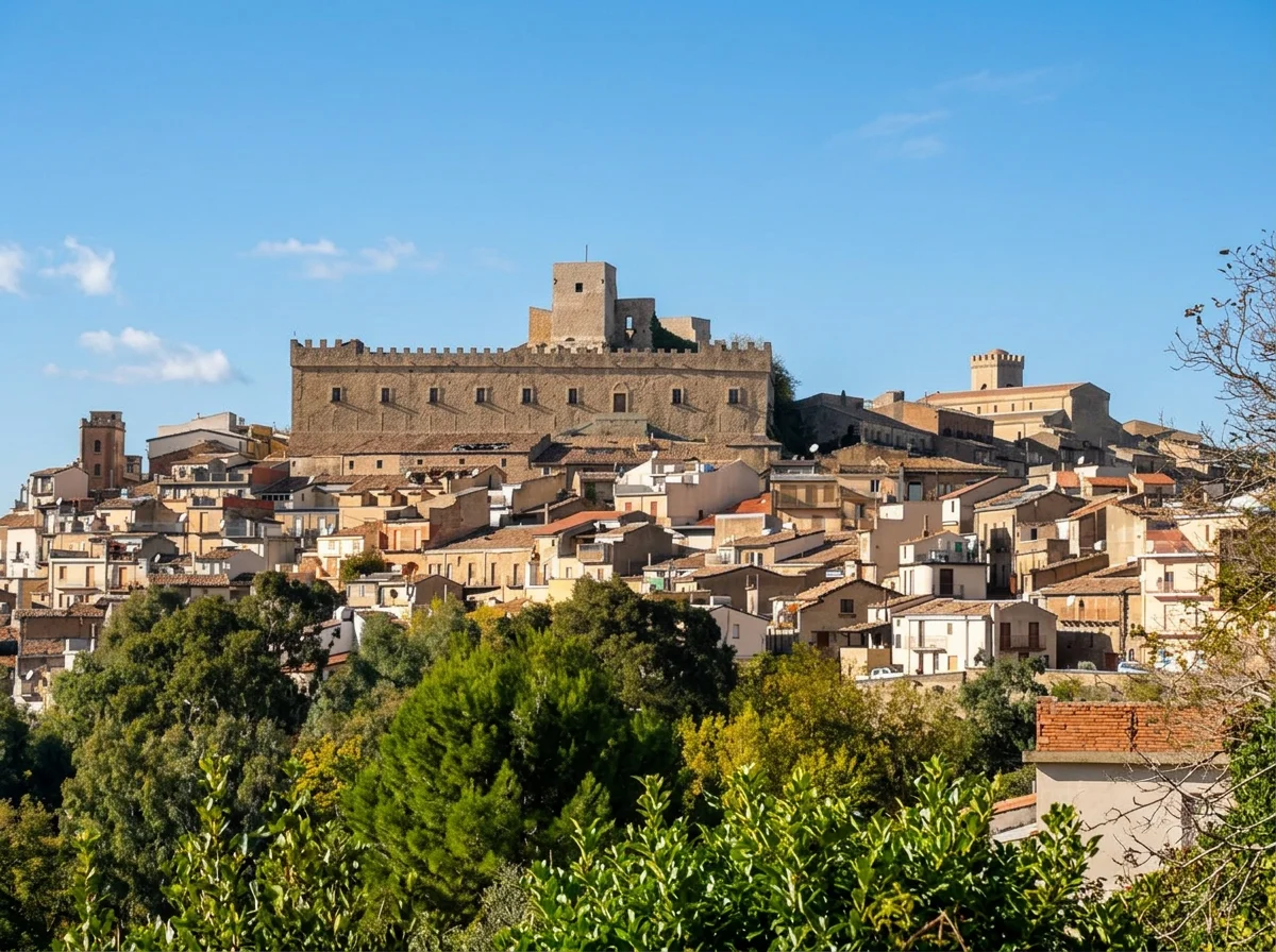 Montalbano Elicona’s castle rising above tiled village rooftops and green trees under a blue sky
