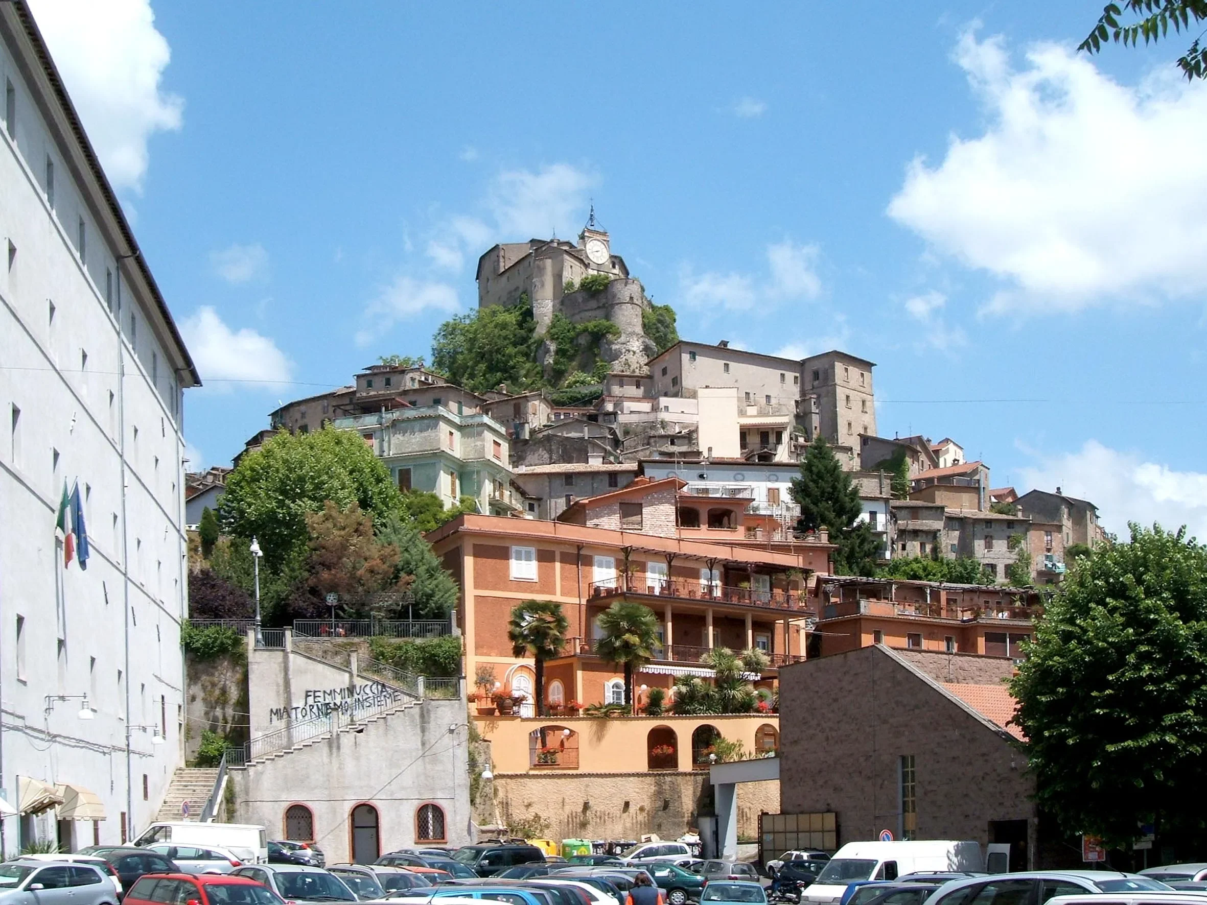 The Rocca Abbaziale and its clock tower above the hillside buildings of Subiaco.