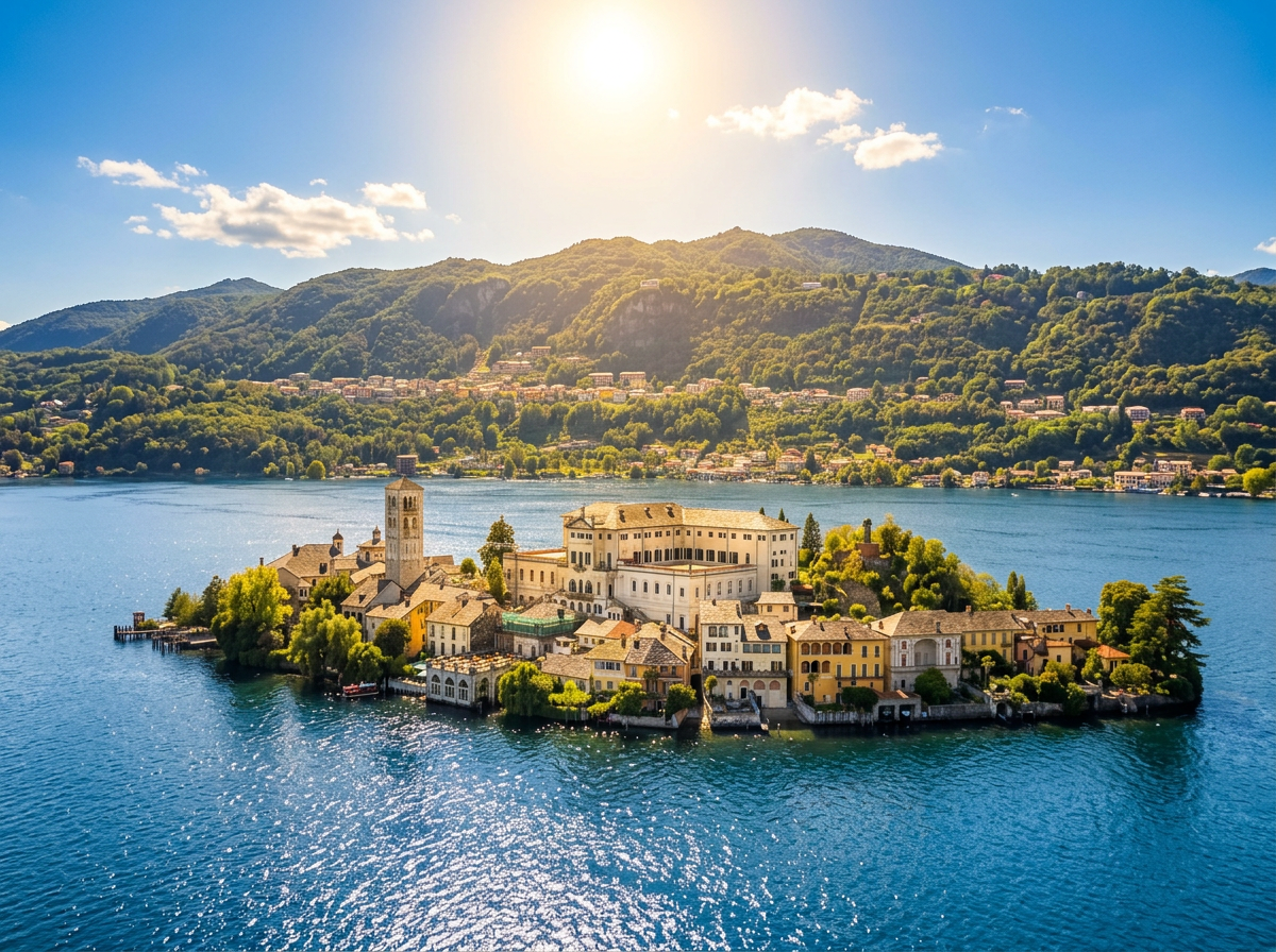 Isola San Giulio on Lake Orta, with historic buildings and a bell tower surrounded by blue water and sunlit wooded hills, Piemonte, Italy.
