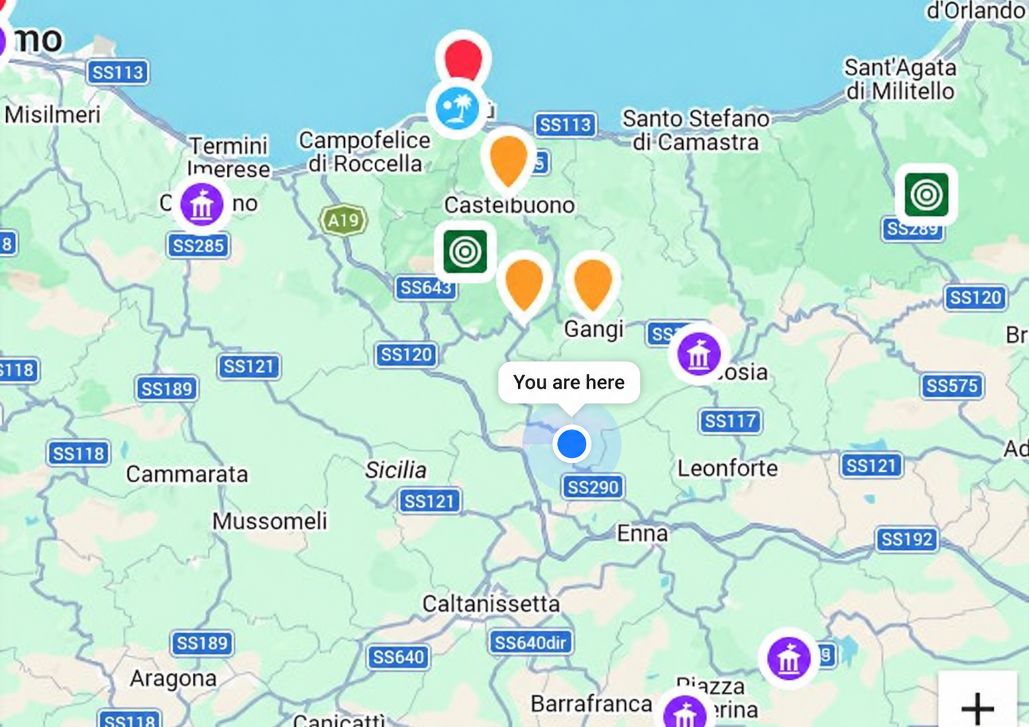 Sicily travel map showing a blue You are here location marker among colour-coded pins for nearby villages, beaches and scenic stops.