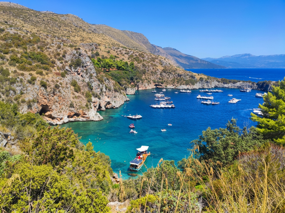 Boats in the turquoise cove of Baia degli Infreschi, surrounded by rocky cliffs in Campania.