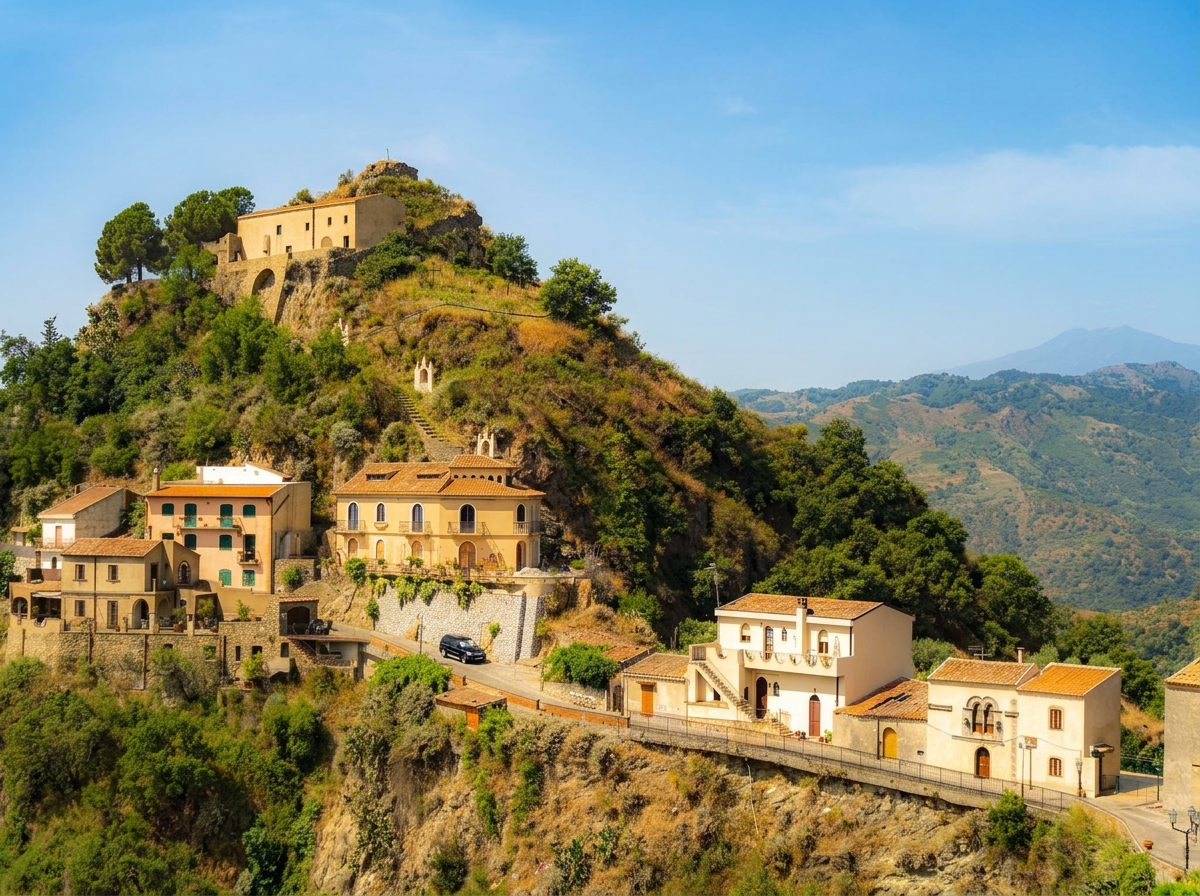 Savoca in Sicily, with hillside houses and a church above green countryside.