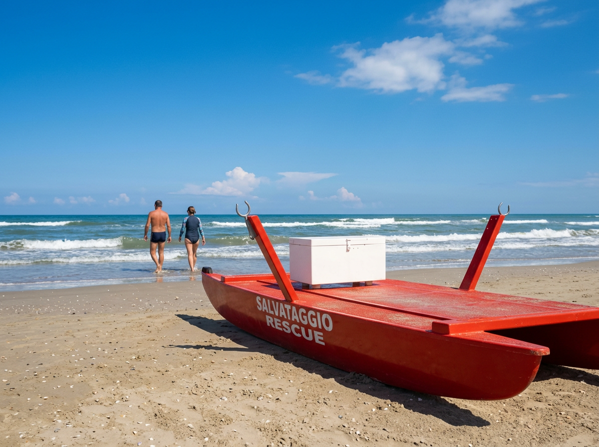 Sandy beach at Pinarella di Cervia with colourful beach equipment by the Adriatic Sea