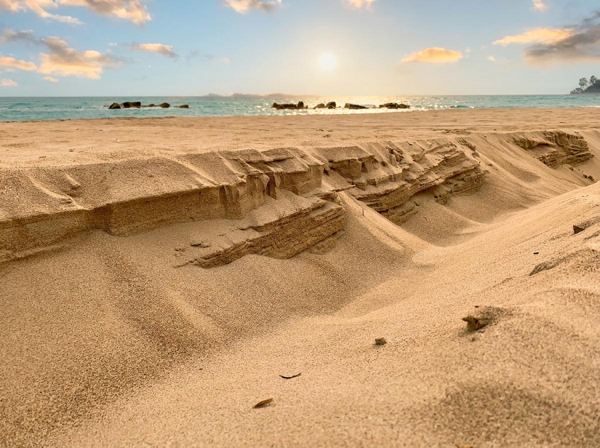 Sculpted banks of golden sand beside the sea, with low rocks offshore in warm sunlight