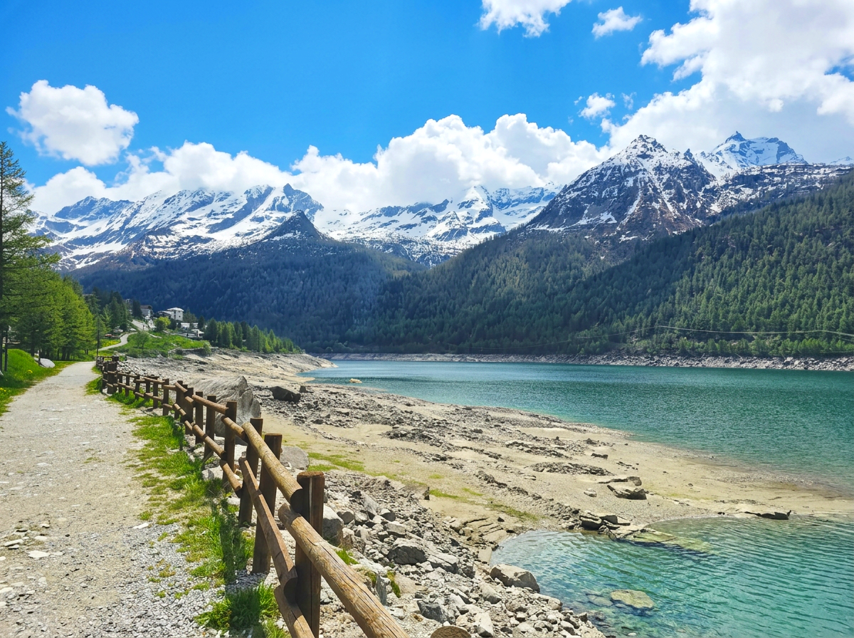 Lago di Ceresole Reale with a lakeside walking path, forested slopes and snow-covered Alpine peaks in Piemonte, Italy.