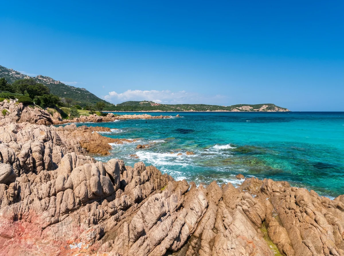 Rugged granite coastline and crystal-clear turquoise water along the Costa Smeralda in Sardinia