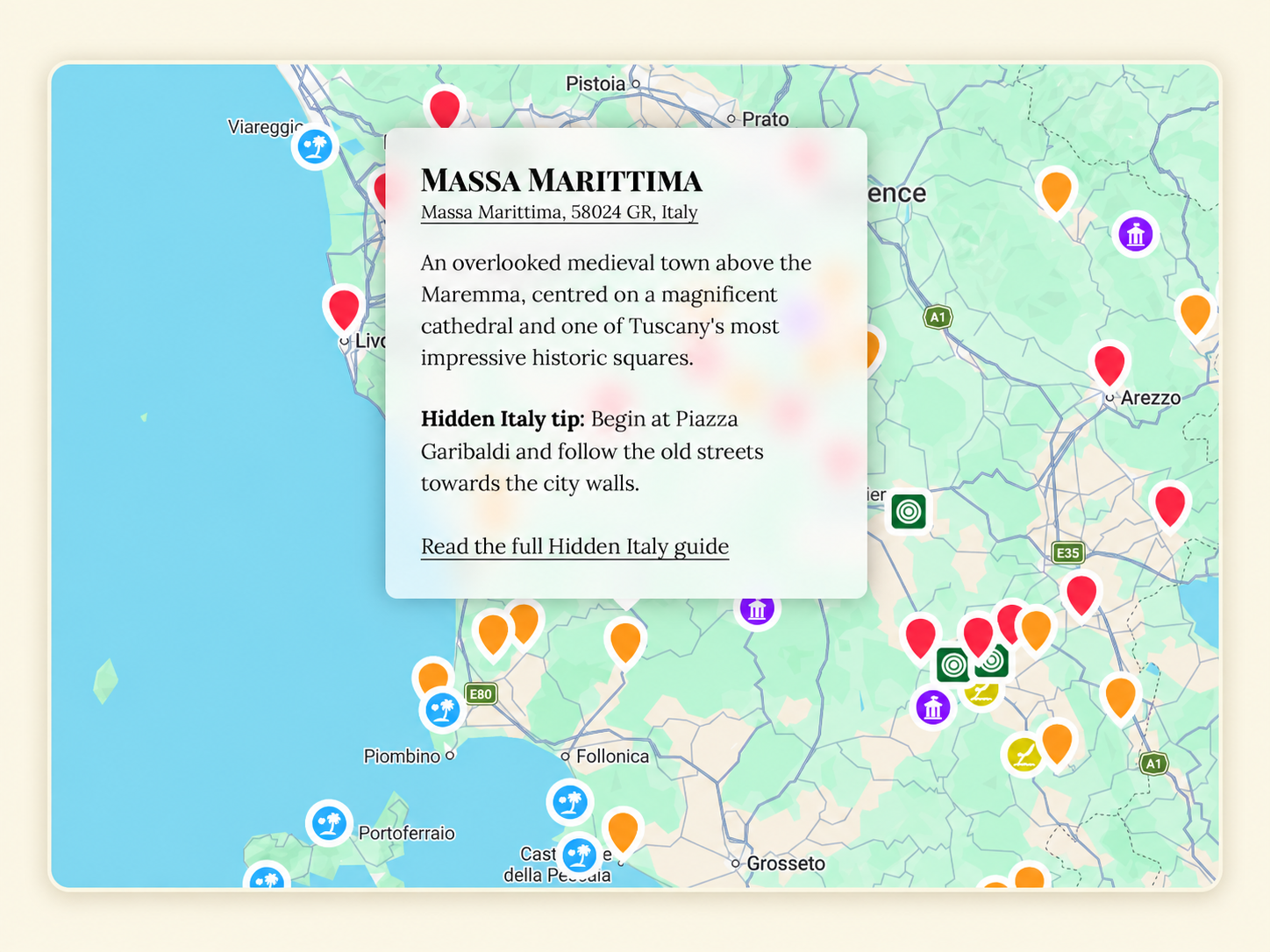 Tuscany travel map with an open Massa Marittima pin showing a description, a Hidden Italy tip and a link to the full guide