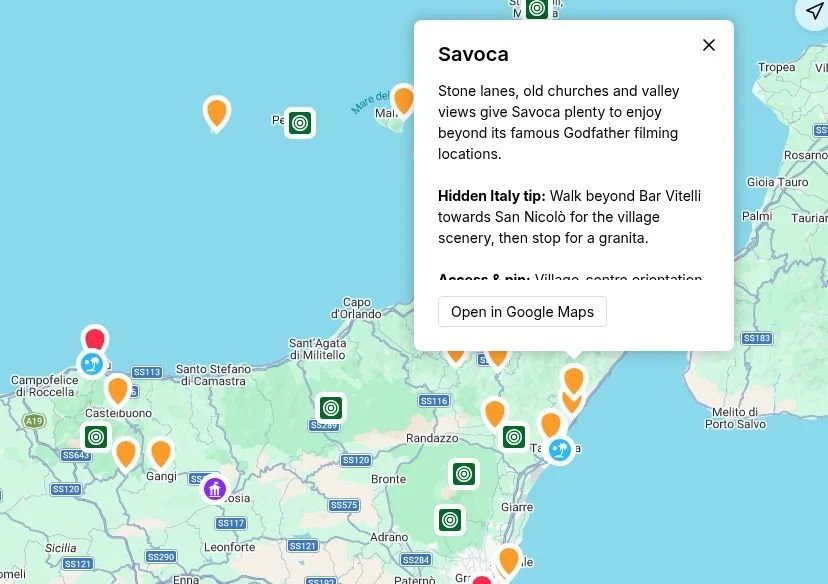 Sicily map detail with the Savoca pin open, showing its description, Hidden Italy tip and Open in Google Maps button.