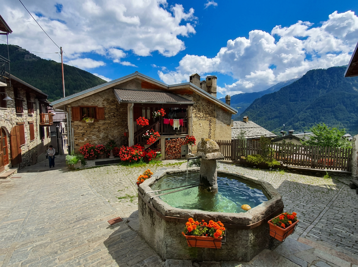 Stone fountain and flower-filled square in Usseaux, Piedmont.