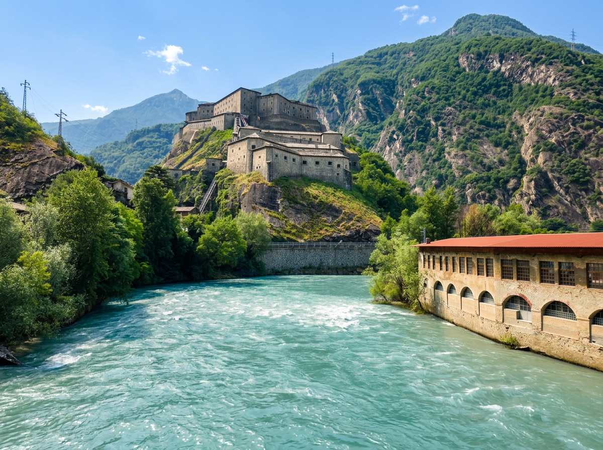 Bard fortress above the river and valley in the Italian Alps.