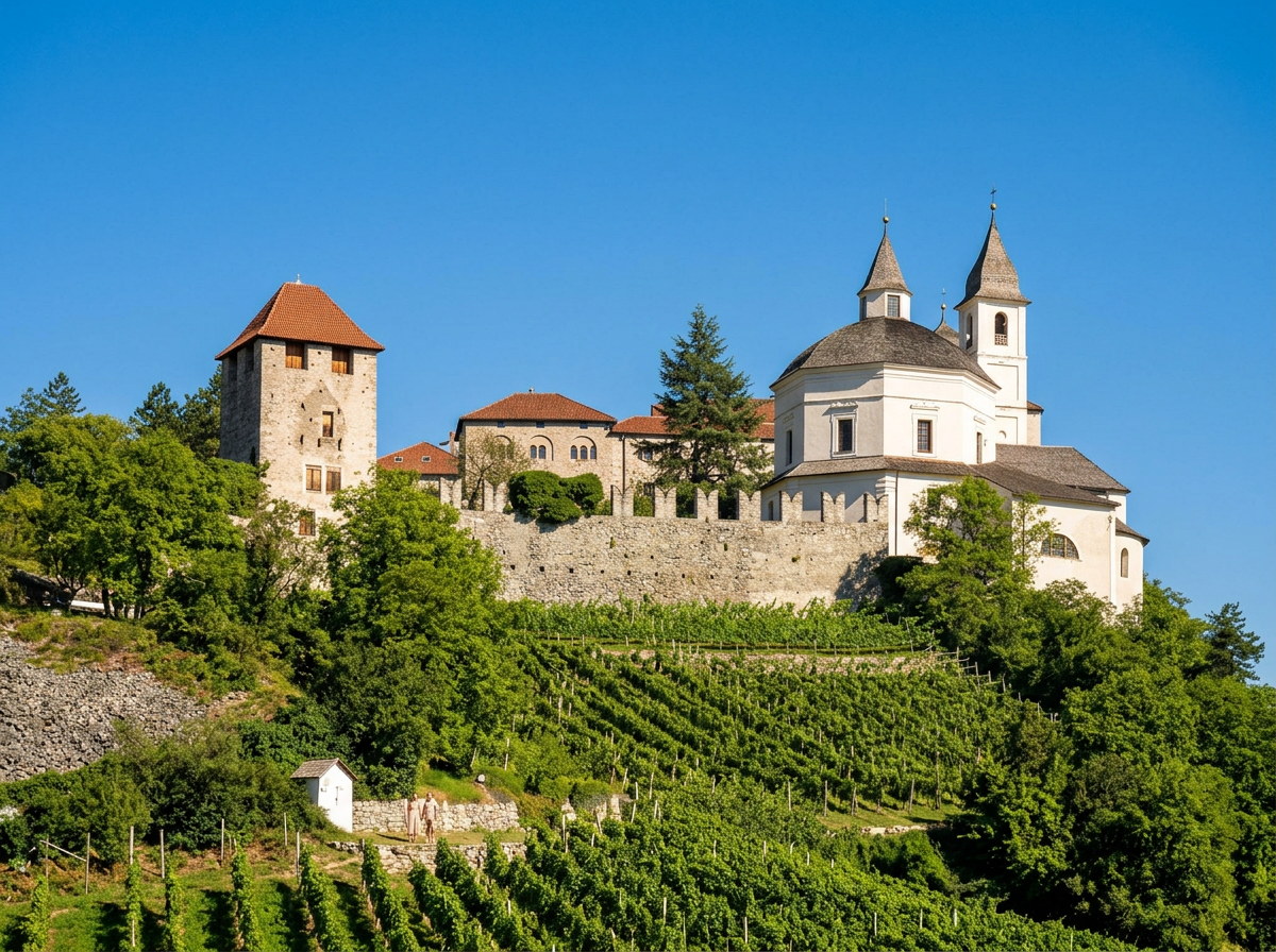 Historic hilltop buildings above Chiusa, South Tyrol.