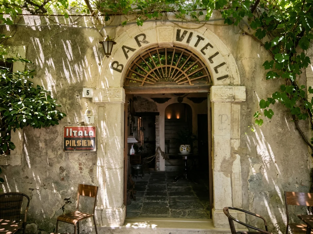 The vine-shaded arched entrance of Bar Vitelli in Savoca, with its name painted above the doorway