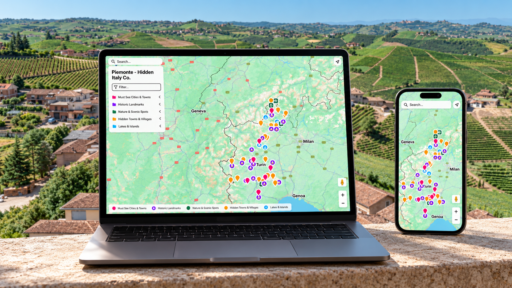 Piemonte travel map on a laptop and smartphone overlooking a village and vineyards