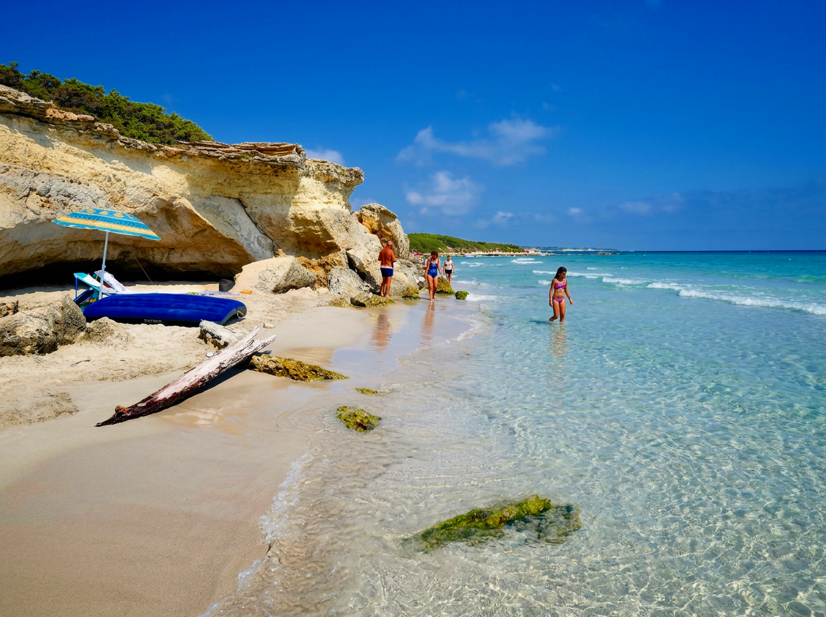 Baia dei Turchi beach near Otranto, Puglia, with clear turquoise water, limestone cliffs and swimmers.