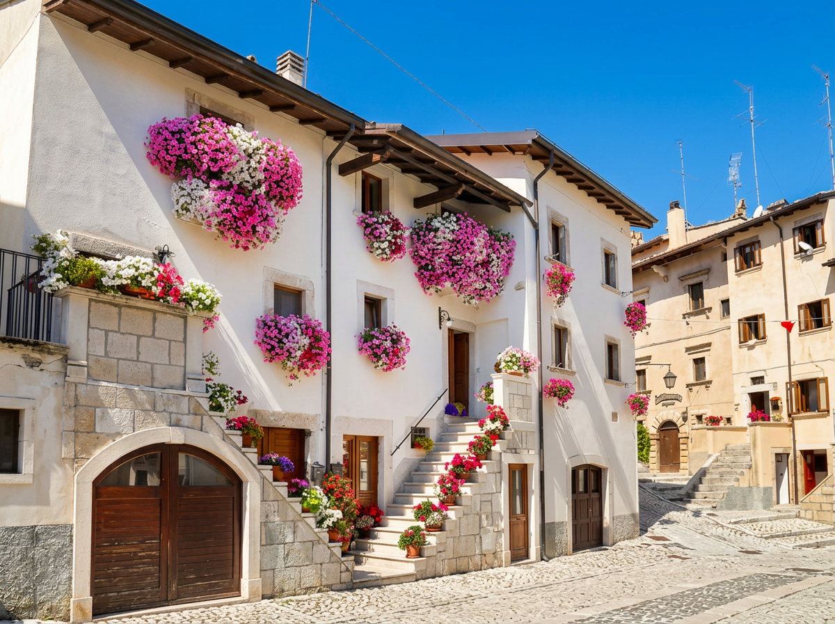 Flower-filled doorways along a cobbled street in Pescocostanzo.