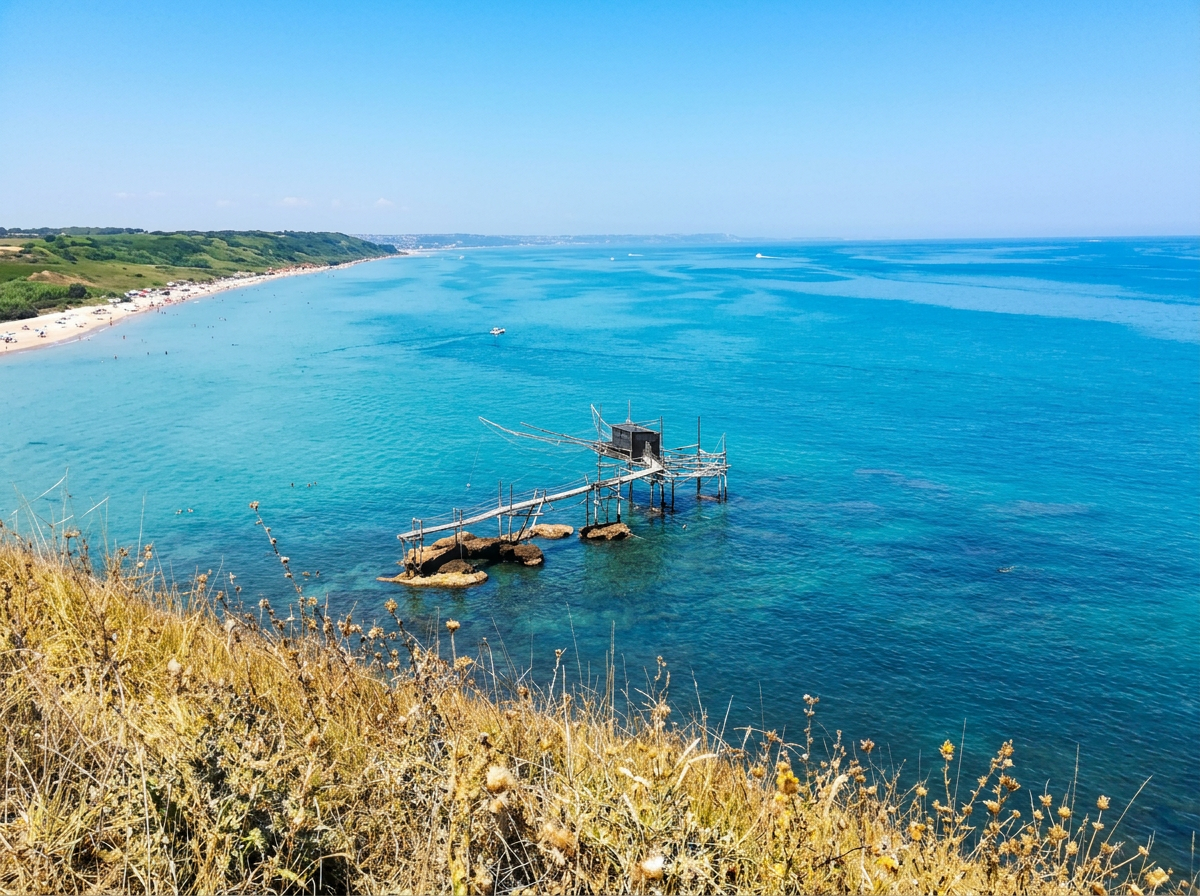 Traditional trabocco fishing platform below a coastal headland, with a sandy bay in the distance.