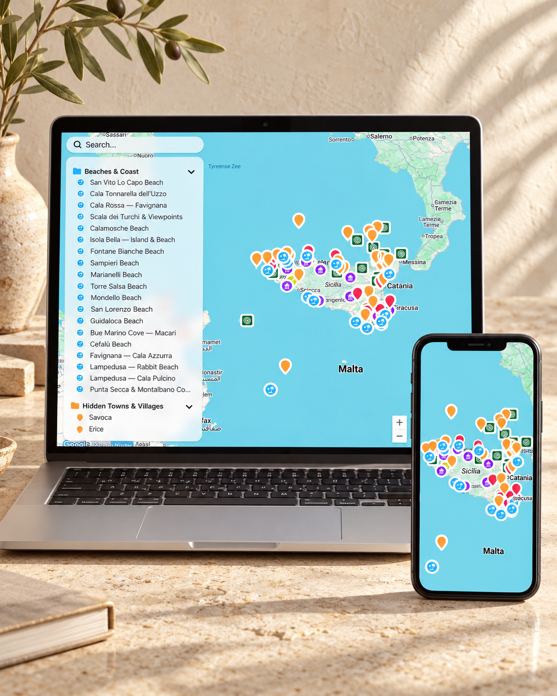 Illustrative mockup of the Hidden Italy Sicily travel map on a laptop and smartphone, showing colour-coded places across Sicily and its surrounding islands.