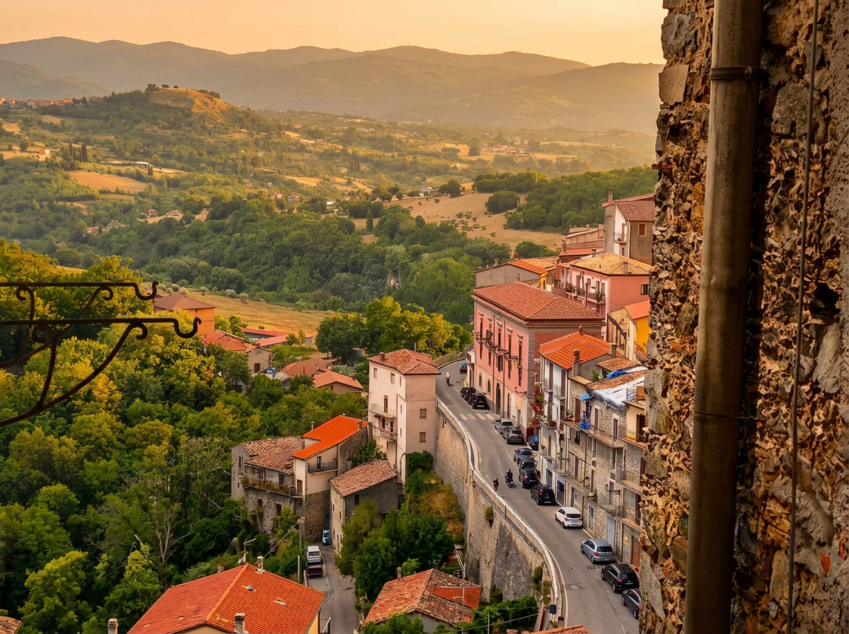 Village buildings and surrounding hills in Viggianello, Basilicata.
