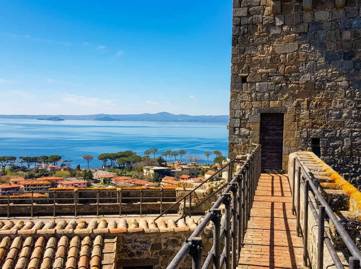 Bolsena rooftops and lake views from a stone tower.