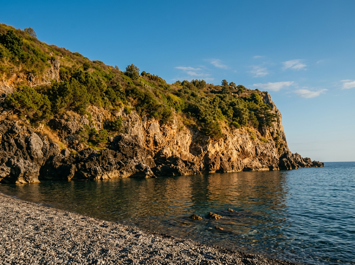 Pebble shoreline beside calm sea, with a sunlit rocky headland and Mediterranean shrubs above the water.