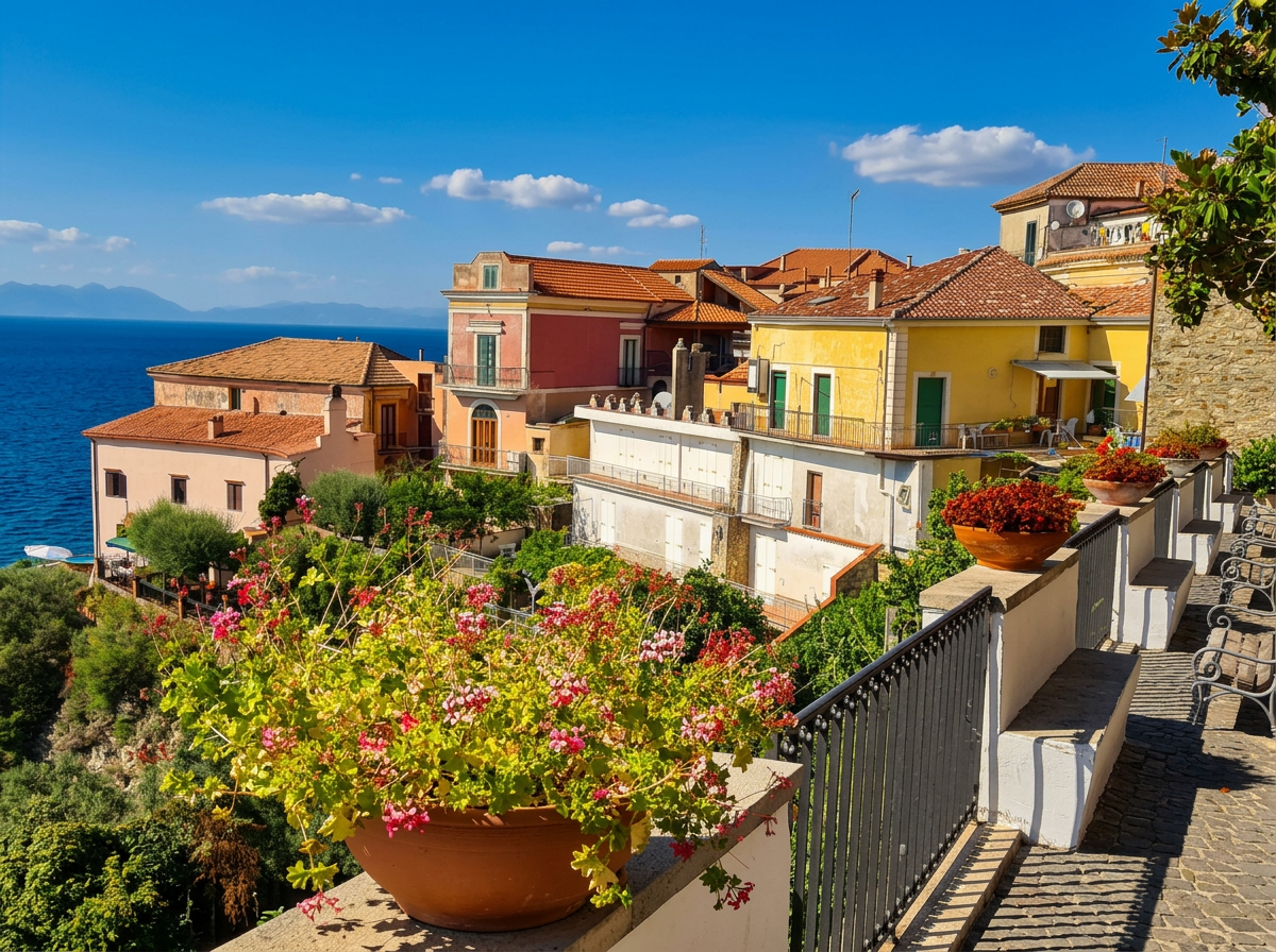 Colourful houses in Agropoli overlooking the sea in Campania.