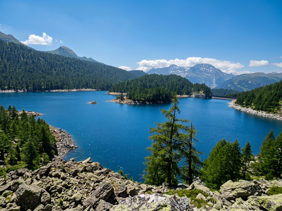 Blue waters of Lago di Devero surrounded by forested shores, with rocky islets and Alpine peaks in Piemonte, Italy.