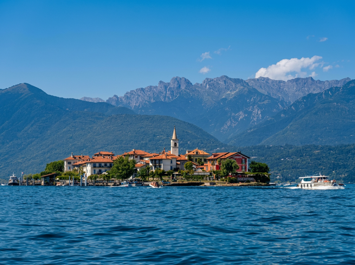 Isola dei Pescatori on Lake Maggiore, with colourful waterfront houses, a church tower and mountains in the background.