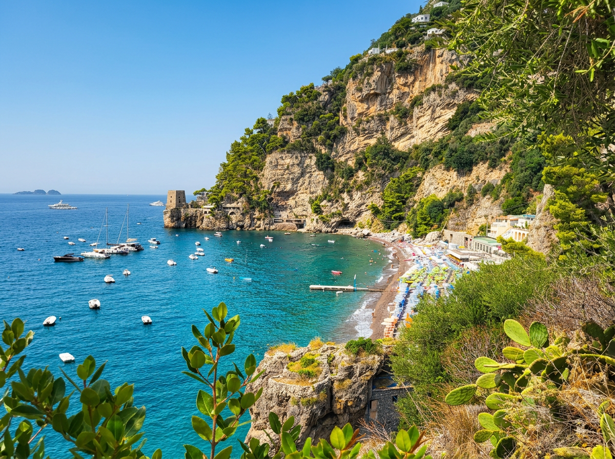 Fornillo Beach in Positano with turquoise water, steep cliffs and the Amalfi Coast landscape