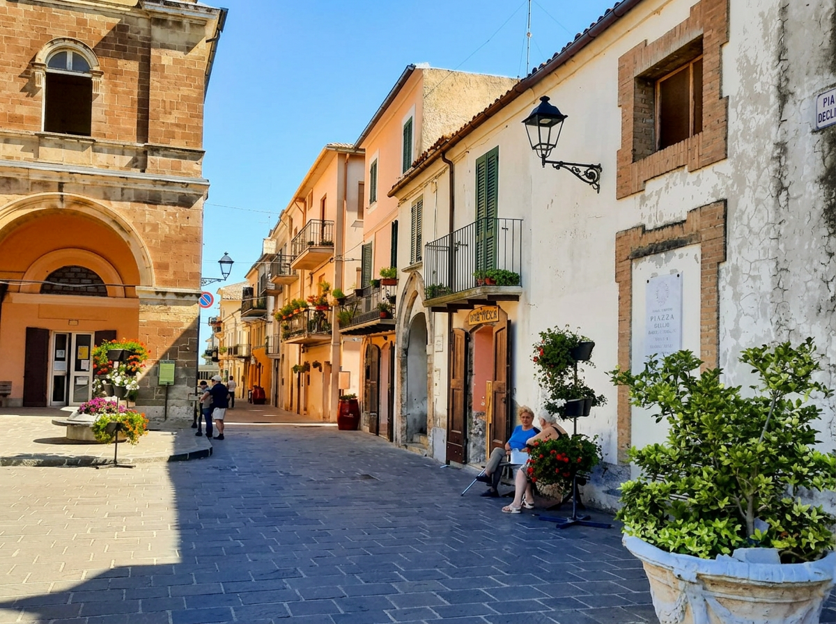 A narrow street with flower boxes and outdoor seating in Rocca San Giovanni.