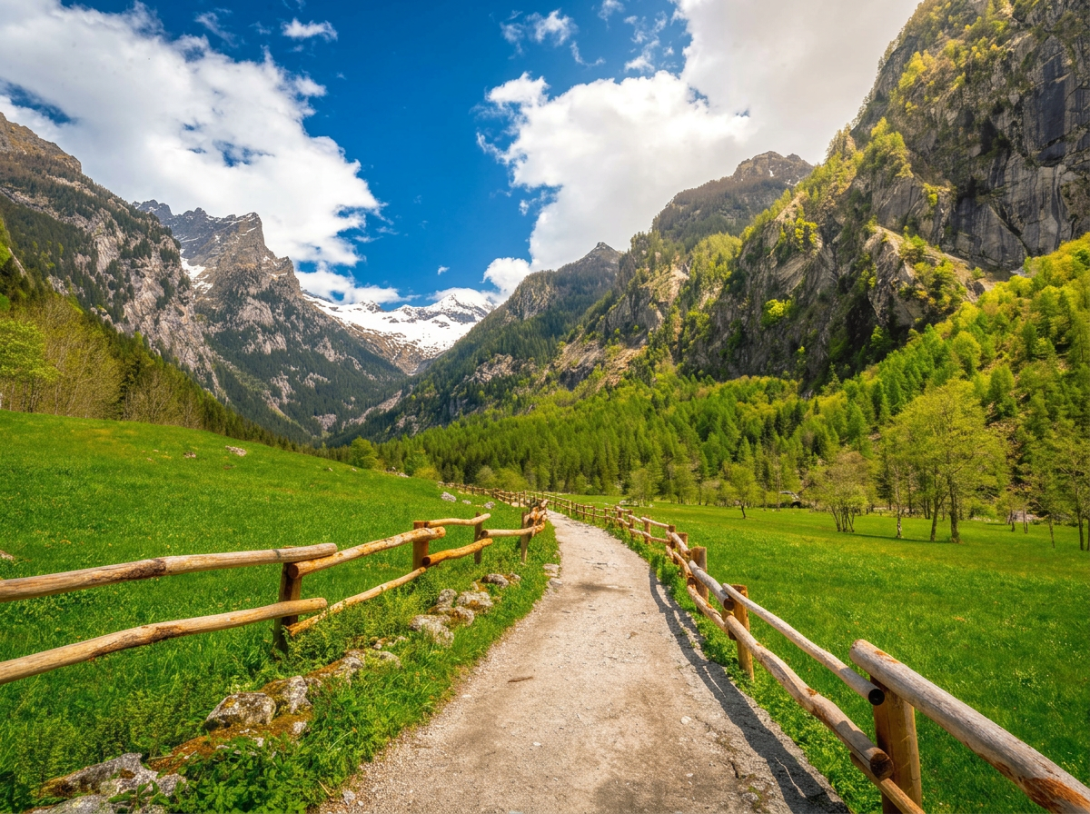 A path between green meadows beneath the mountains of Val di Mello.