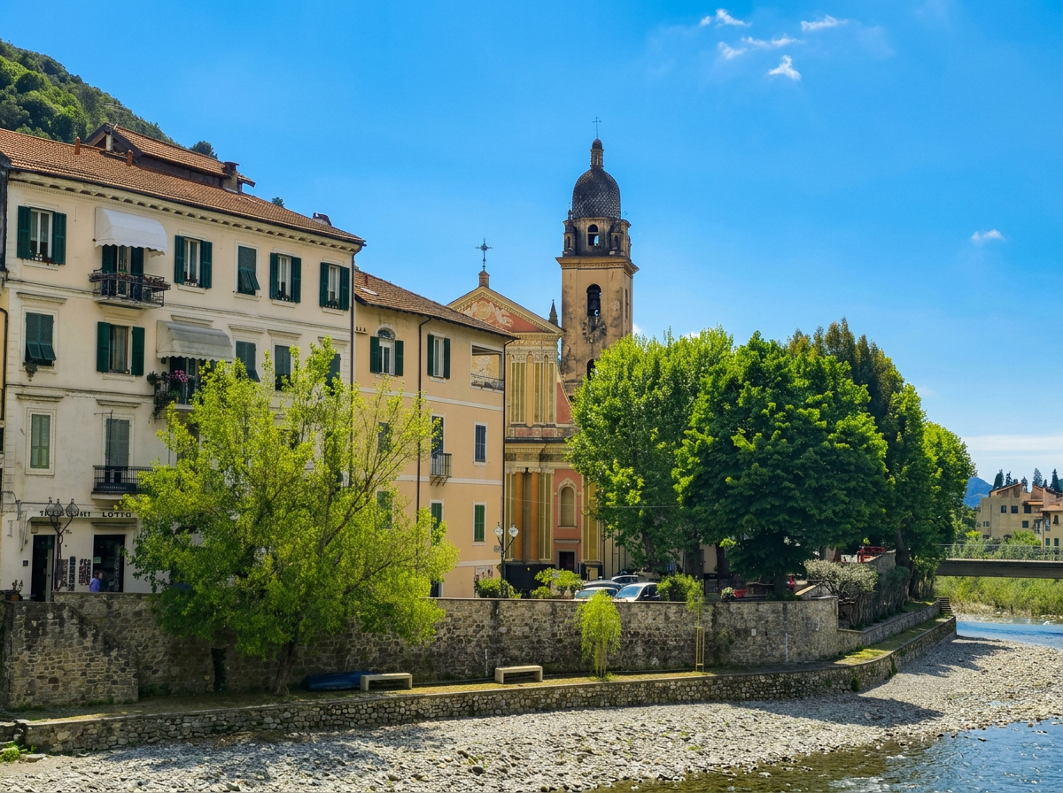 Colourful buildings beside the river in Dolceacqua, Liguria.