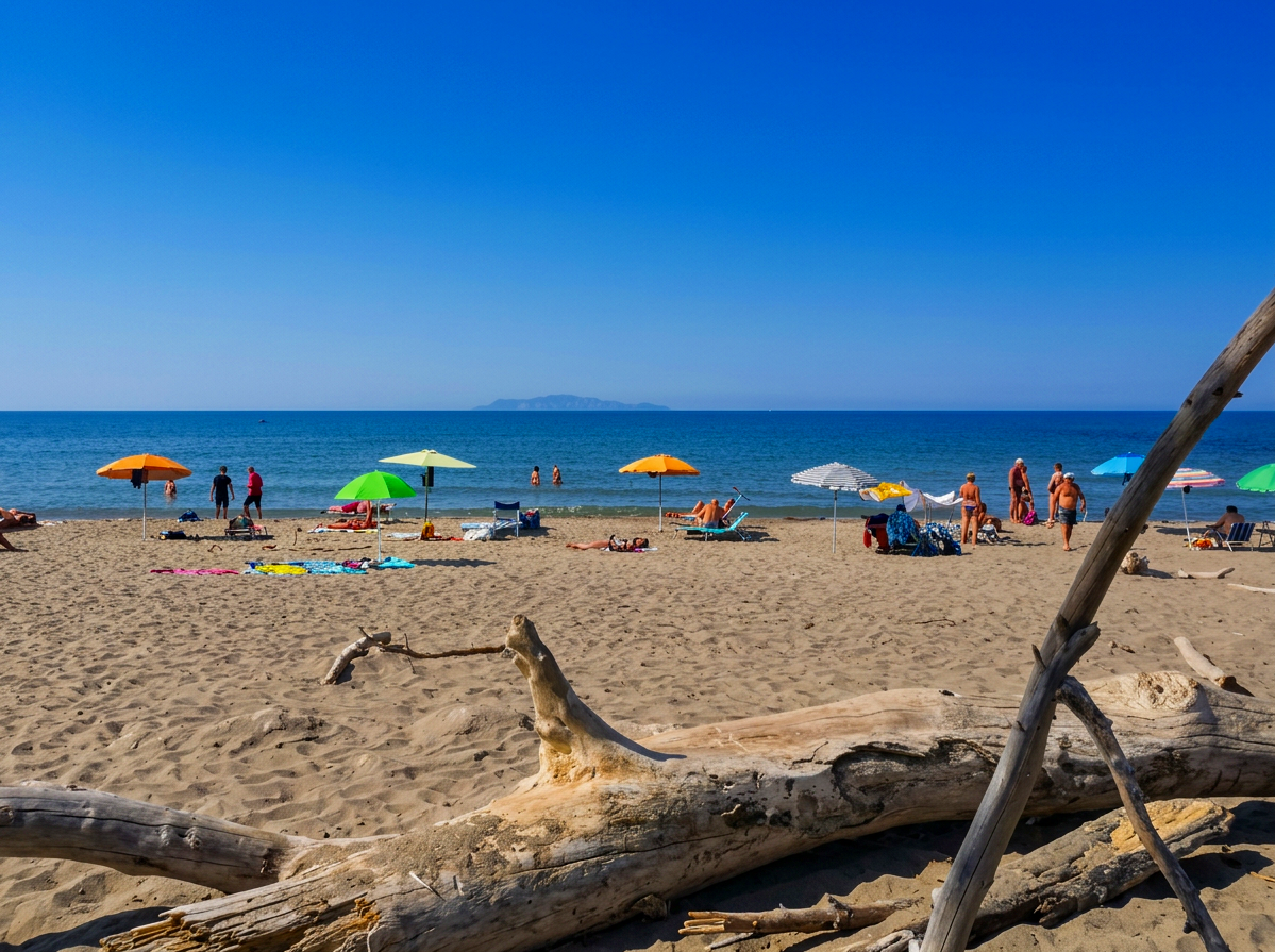 Sandy beach with colourful umbrellas and driftwood at Marina di Alberese in the Maremma, Tuscany
