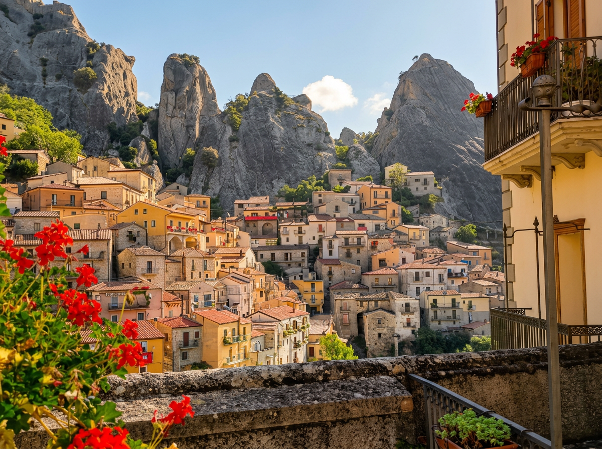Castelmezzano houses beneath the rocky peaks of the Lucanian Dolomites.