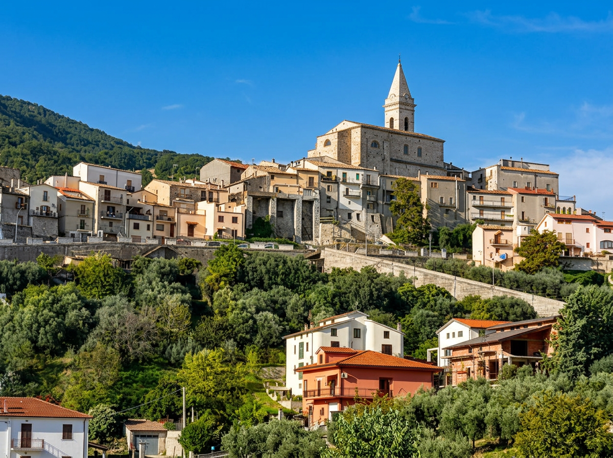Guardialfiera village and church above the green hills of Molise.