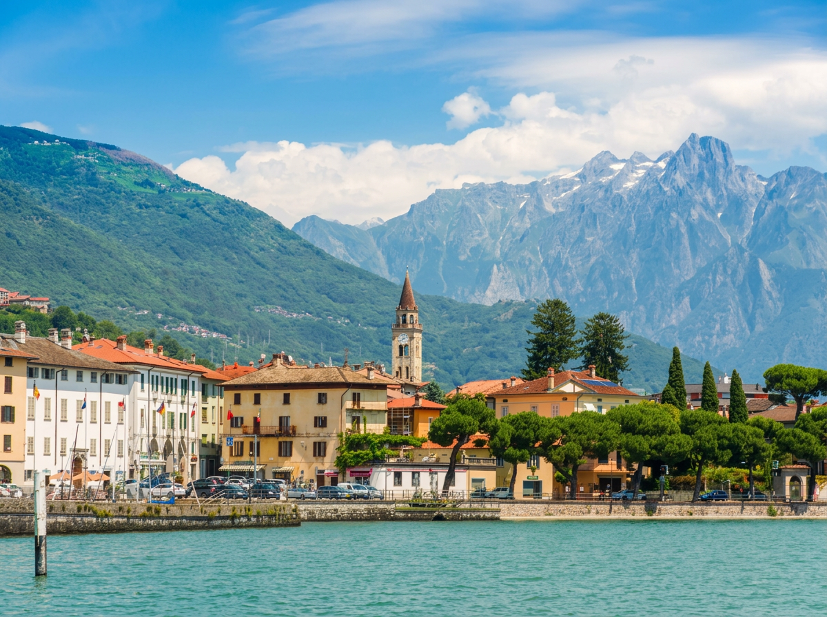 Lovere and its church tower beside Lake Iseo.