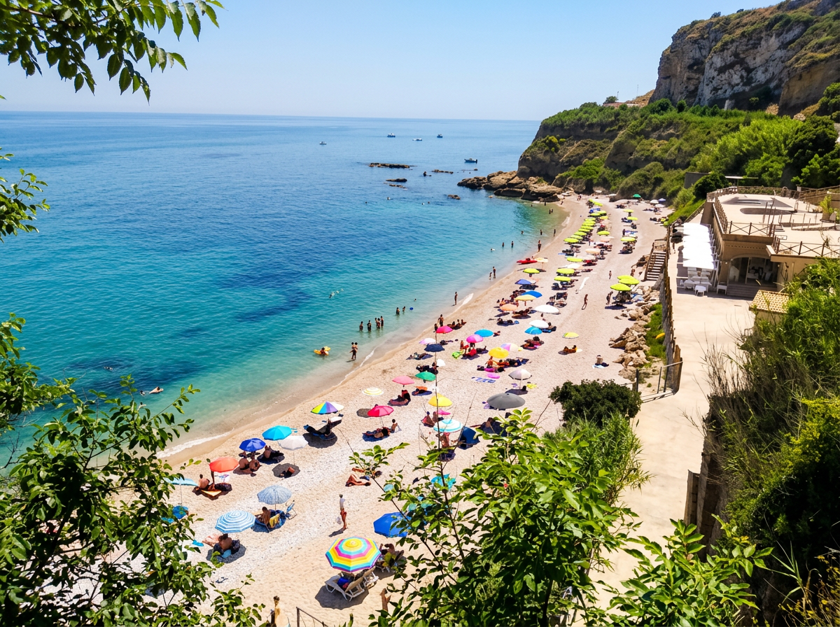 A sheltered beach below coastal cliffs, with parasols and swimmers in clear blue water.