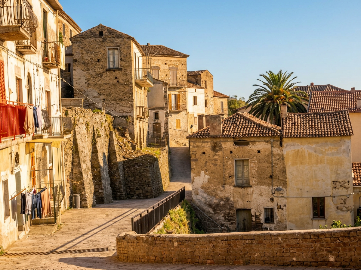 Stone houses, balconies and terracotta rooftops in Agropoli’s old town, with a palm tree between the buildings.