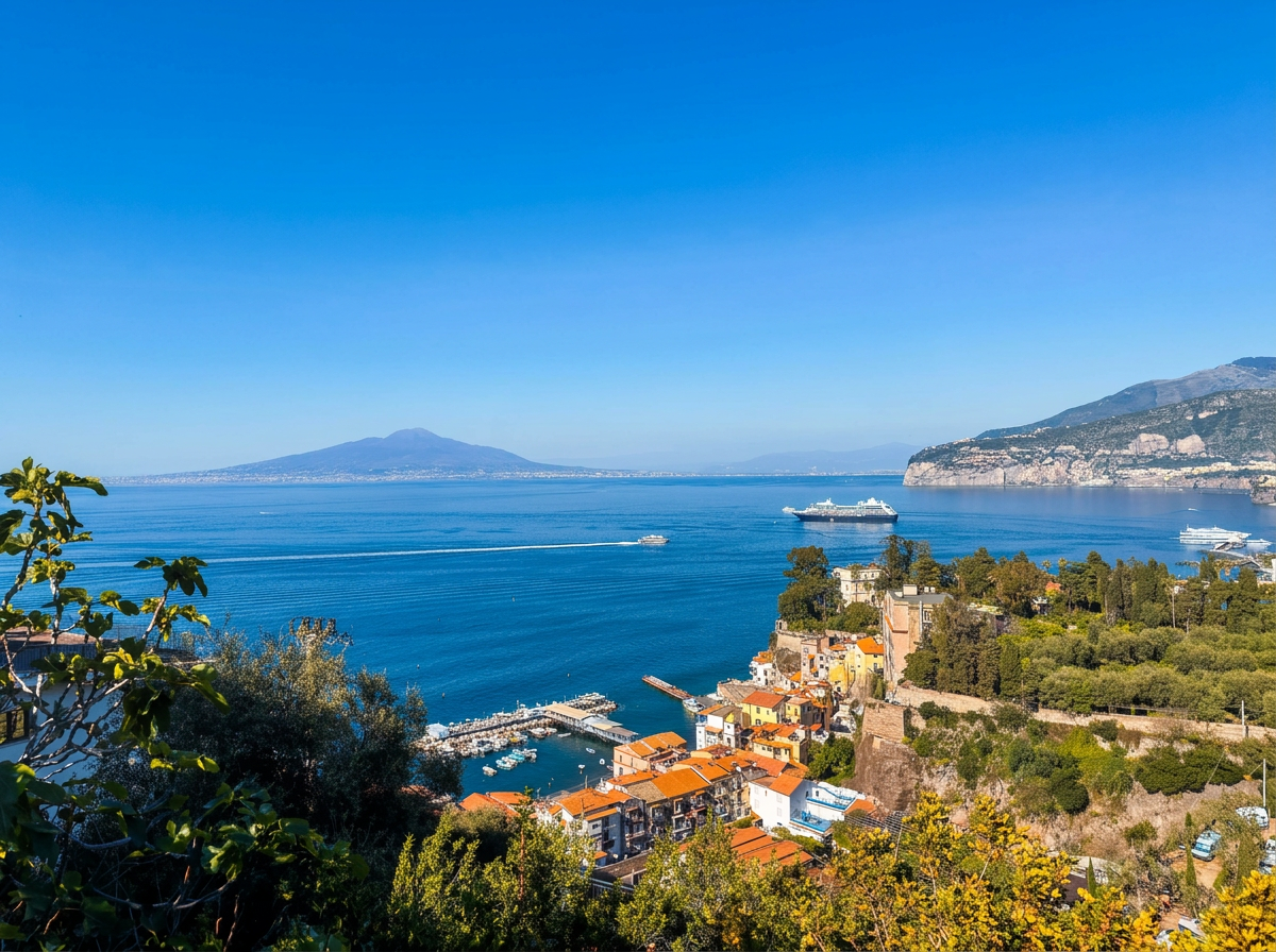 Panoramic view over Sorrento and the Bay of Naples with Mount Vesuvius in the distance, Campania, Italy