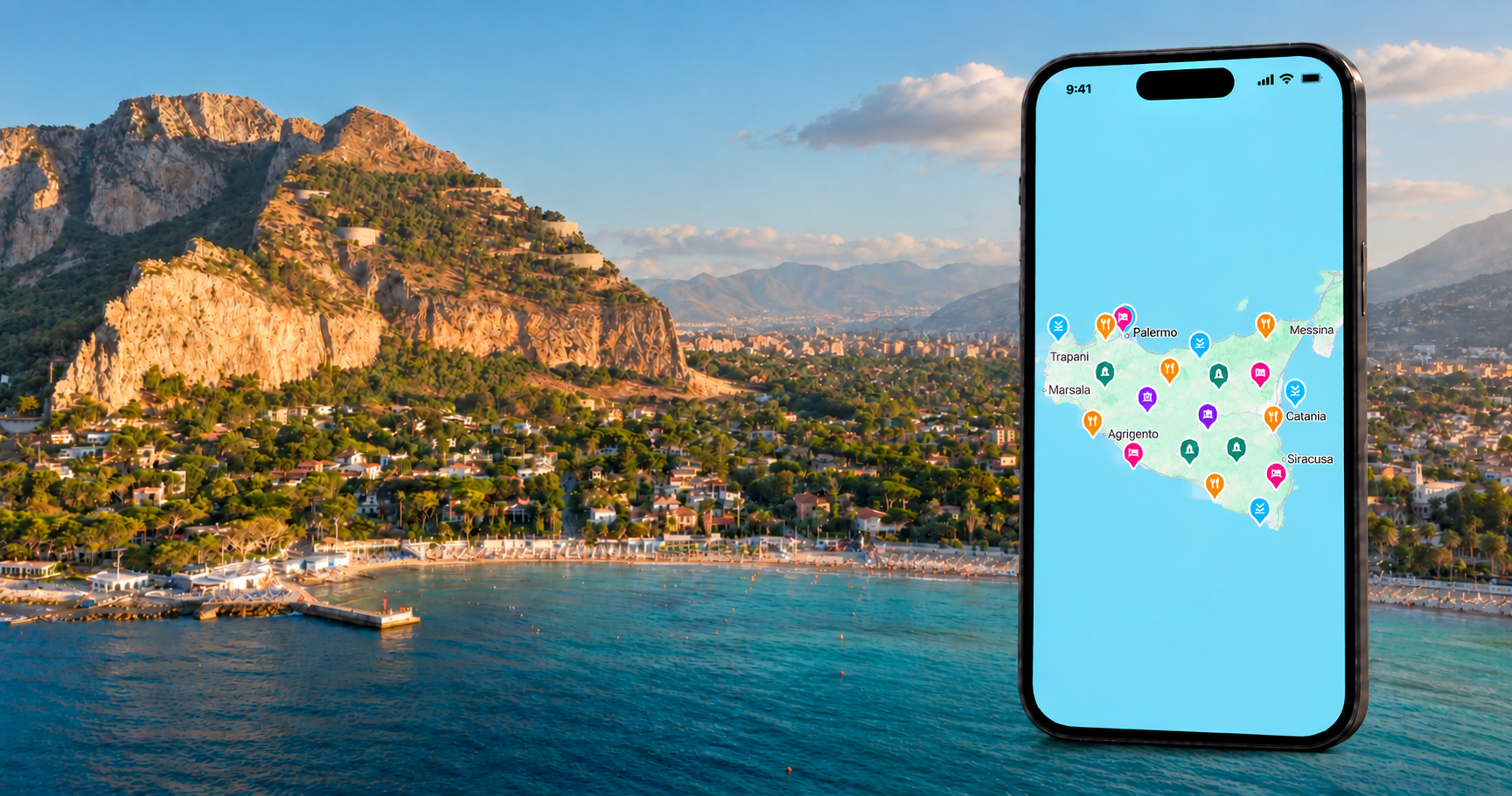 Hidden Italy’s Sicily travel map on a smartphone overlooking a coastal bay with turquoise water and sunlit mountains.