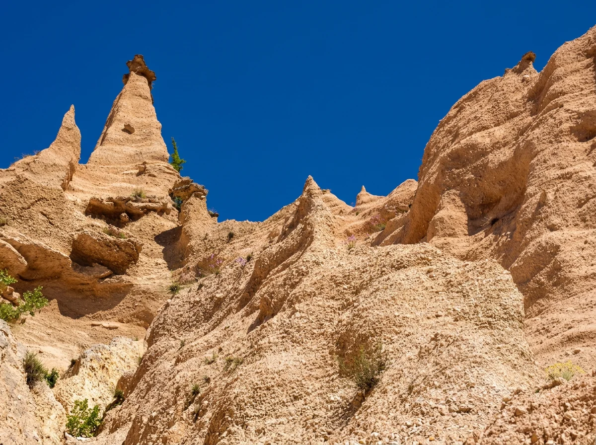 Eroded ochre rock pinnacles rising above a steep gravel slope beneath a deep blue sky